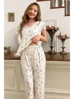 Pamuklu Çiçek Desenli Kısa Kolu Pijama Takımı Bella Notte 7139 Kirik Beyaz detay görünüm
