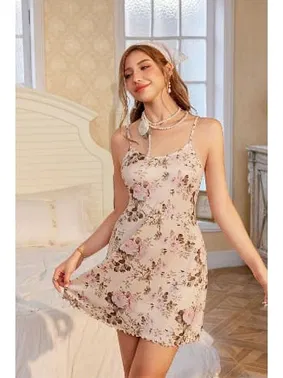 Bella Notte Bej Çiçek Baskılı Askılı Mini Gecelik Bella Notte 15967