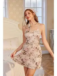 Bella Notte Bej Çiçek Baskılı Askılı Mini Gecelik Bella Notte 15967