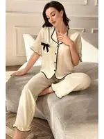 Bej Kısa Kollu Fiyonk Detaylı Düğmeli Pijama Takımı Bella Notte 7317 Bej