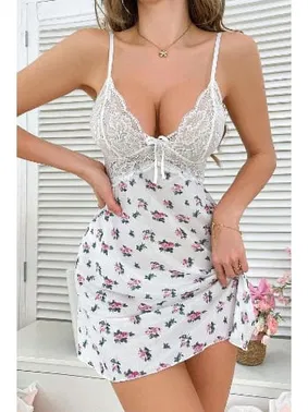 Bella Notte Beyaz Çiçek Baskılı Dantel Detaylı Mini Gecelik Bella Notte 15953