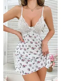 Bella Notte Beyaz Çiçek Baskılı Dantel Detaylı Mini Gecelik Bella Notte 15953