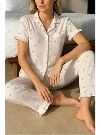 Bella Notte Mini Kalp Baskılı Gömlek Yaka Kadın Pijama Takımı Bella Notte 7197