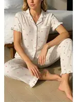 Mini Kalp Baskılı Gömlek Yaka Kadın Pijama Takımı Bella Notte 7197 Beyaz