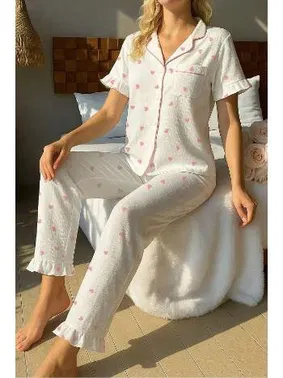 Bella Notte Mini Kalp Baskılı Gömlek Yaka Kadın Pijama Takımı Bella Notte 7197 - Alternatif Görünüm