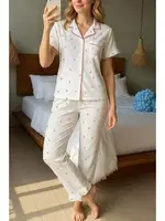 Mini Kalp Baskılı Gömlek Yaka Kadın Pijama Takımı Bella Notte 7197 Beyaz farklı açı