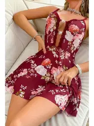 Bella Notte Bordo Çiçek Desenli Askılı Mini Gecelik Bella Notte 15949