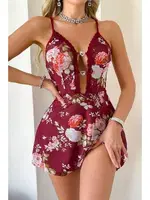 Bordo Çiçek Desenli Askılı Mini Gecelik Bella Notte 15949 Bordo detay görünüm