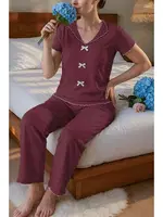 Bordo Kısa Kollu Fiyonk Detaylı Pamuklu Pijama Takımı Bella Notte 7349 Bordo