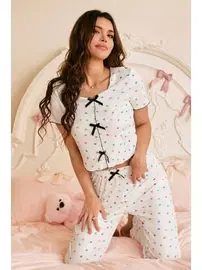 Bella Notte Çok Renkli Romantik Kalp Baskılı Fiyonklu Pijama Takımı Bella Notte 7331