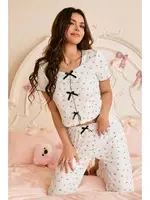 Çok Renkli Romantik Kalp Baskılı Fiyonklu Pijama Takımı Bella Notte 7331 Çok Renkli