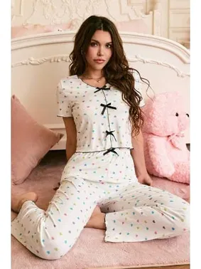 Bella Notte Çok Renkli Romantik Kalp Baskılı Fiyonklu Pijama Takımı Bella Notte 7331 - Alternatif Görünüm