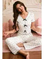 Çok Renkli Romantik Kalp Baskılı Fiyonklu Pijama Takımı Bella Notte 7331 Çok Renkli farklı açı