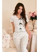 Çok Renkli Romantik Kalp Baskılı Fiyonklu Pijama Takımı Bella Notte 7331 Çok Renkli görsel 4
