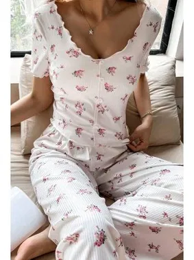 Bella Notte Bisiklet Yaka Ekru Çiçekli Kadın Pijama Takımı Bella Notte 7375 - Alternatif Görünüm