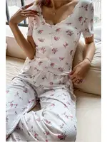 Bisiklet Yaka Ekru Çiçekli Kadın Pijama Takımı Bella Notte 7375 Ekru farklı açı