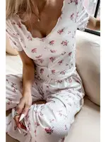 Bisiklet Yaka Ekru Çiçekli Kadın Pijama Takımı Bella Notte 7375 Ekru görsel 4