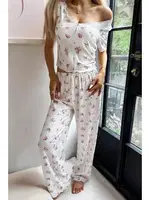 Bisiklet Yaka Ekru Çiçekli Kadın Pijama Takımı Bella Notte 7375 Ekru görsel 5