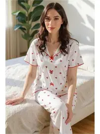 Bella Notte Pamuklu Kiraz Baskılı Kısa Kollu Kadın Pijama Takım Bella Notte 7357