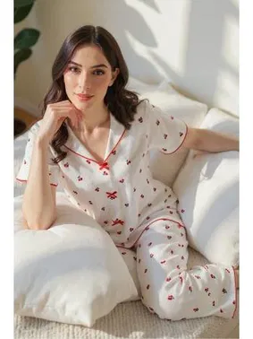 Bella Notte Pamuklu Kiraz Baskılı Kısa Kollu Kadın Pijama Takım Bella Notte 7357 - Alternatif Görünüm