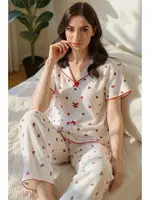 Pamuklu Kiraz Baskılı Kısa Kollu Kadın Pijama Takım Bella Notte 7357 Ekru farklı açı