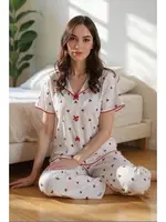 Pamuklu Kiraz Baskılı Kısa Kollu Kadın Pijama Takım Bella Notte 7357 Ekru görsel 4