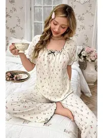Bella Notte Ekru Retro Model Kare Yaka Pijama Takımı Bella Notte 7309