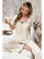 Ekru Retro Model Kare Yaka Pijama Takımı Bella Notte 7309 Ekru