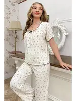 Ekru Retro Model Kare Yaka Pijama Takımı Bella Notte 7309 Ekru görsel 4