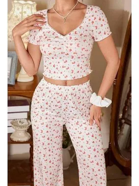Bella Notte V Yaka Kısa Kollu Crop Ekru Pijama Takımı Bella Notte 7379