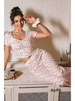 V Yaka Kısa Kollu Crop Ekru Pijama Takımı Bella Notte 7379 Ekru görsel 4