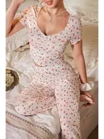 V Yaka Kısa Kollu Crop Ekru Pijama Takımı Bella Notte 7379 Ekru görsel 6