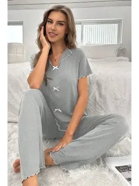 Bella Notte Gri Kısa Kollu Fiyonk Detaylı Pamuklu Pijama Takımı Bella Notte 7193