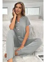 Gri Kısa Kollu Fiyonk Detaylı Pamuklu Pijama Takımı Bella Notte 7193 Gri