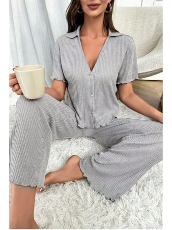 Gri Kısa Kollu V Yaka Pamuklu Pijama Takımı Bella Notte 7115