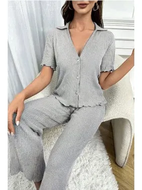 Bella Notte Gri Kısa Kollu V Yaka Pamuklu Pijama Takımı Bella Notte 7115 - Alternatif Görünüm