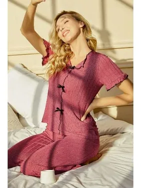 Bella Notte Gül Kurusu Kısa Kollu Pamuklu Pijama Takımı Bella Notte 7109 - Alternatif Görünüm