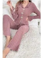 Gömlek Yaka Uzun Kollu Kurdelalı Kadın Pijama Takımı Bella Notte 7159 Siyah