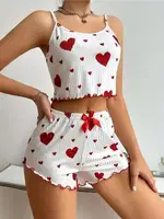 Kalp Desenli Pamuklu Pijama Takımı Bella Notte 7595 Kırmızı detay görünüm