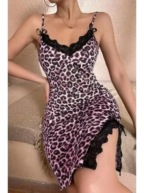 Bella Notte Leopar Askılı Dantel Ve Yırtmaç Detaylı Gecelik Bella Notte 15915