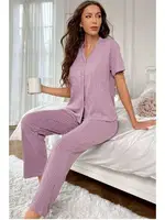 Düğmeli Kısa Kollu Lila Pijama Takımı Bella Notte 7117 Lila