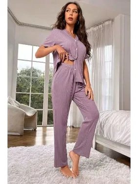 Bella Notte Düğmeli Kısa Kollu Lila Pijama Takımı Bella Notte 7117 - Alternatif Görünüm