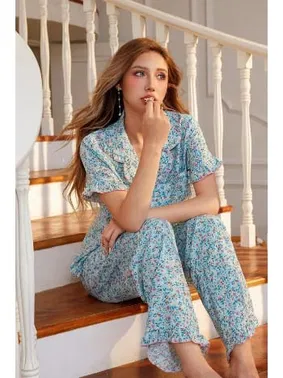 Bella Notte Mavi Çiçek Desenli V Yaka Düğmeli Pijama Takımı Bella Notte 7327