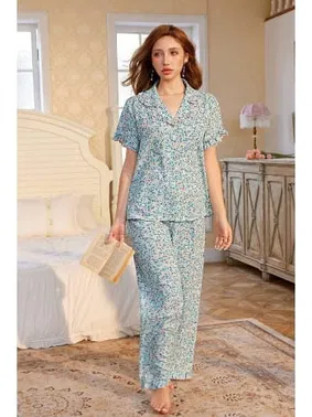 Bella Notte Mavi Çiçek Desenli V Yaka Düğmeli Pijama Takımı Bella Notte 7327 - Alternatif Görünüm