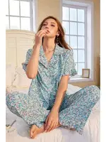 Mavi Çiçek Desenli V Yaka Düğmeli Pijama Takımı Bella Notte 7327 Mavi farklı açı