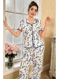 Bella Notte Çiçekli Düğmeli Yazlık Mavi Kadın Pijama Takımı Bella Notte 7347