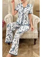 Çiçekli Düğmeli Yazlık Mavi Kadın Pijama Takımı Bella Notte 7347 Mavi detay görünüm