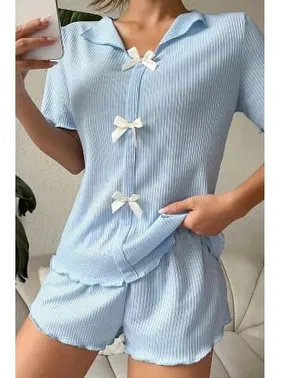 Bella Notte Mavi V Yaka Pamuklu Fiyonk Detaylı Pijama Takımı Bella Notte 7711