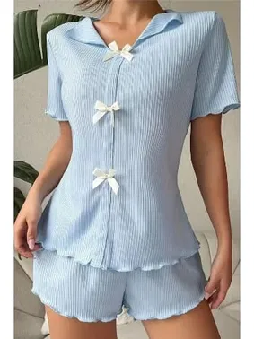 Bella Notte Mavi V Yaka Pamuklu Fiyonk Detaylı Pijama Takımı Bella Notte 7711 - Alternatif Görünüm