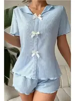 Mavi V Yaka Pamuklu Fiyonk Detaylı Pijama Takımı Bella Notte 7711 Mavi farklı açı